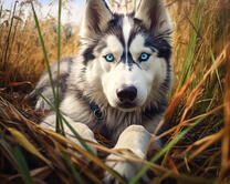 Хаски в осенней траве