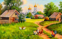 Деревенская церковь и куры
