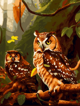 Два удивленных филина у дерева