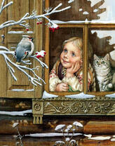 Девочка с котом любуются на птичку