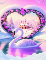 Белый лебедь на фоне замка и цветов