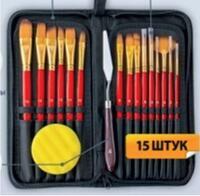 Без бренда «Коробка 50 шт.: Набор кистей для рисования в чехле, премиум набор (15 нейлоновых кистей, 1 мастихин) красные» в Магнитогорске