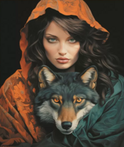 Девушка в оранжевом плаще и волк