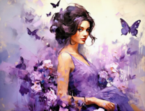 Девушка, фиолетовые цветы и бабочки